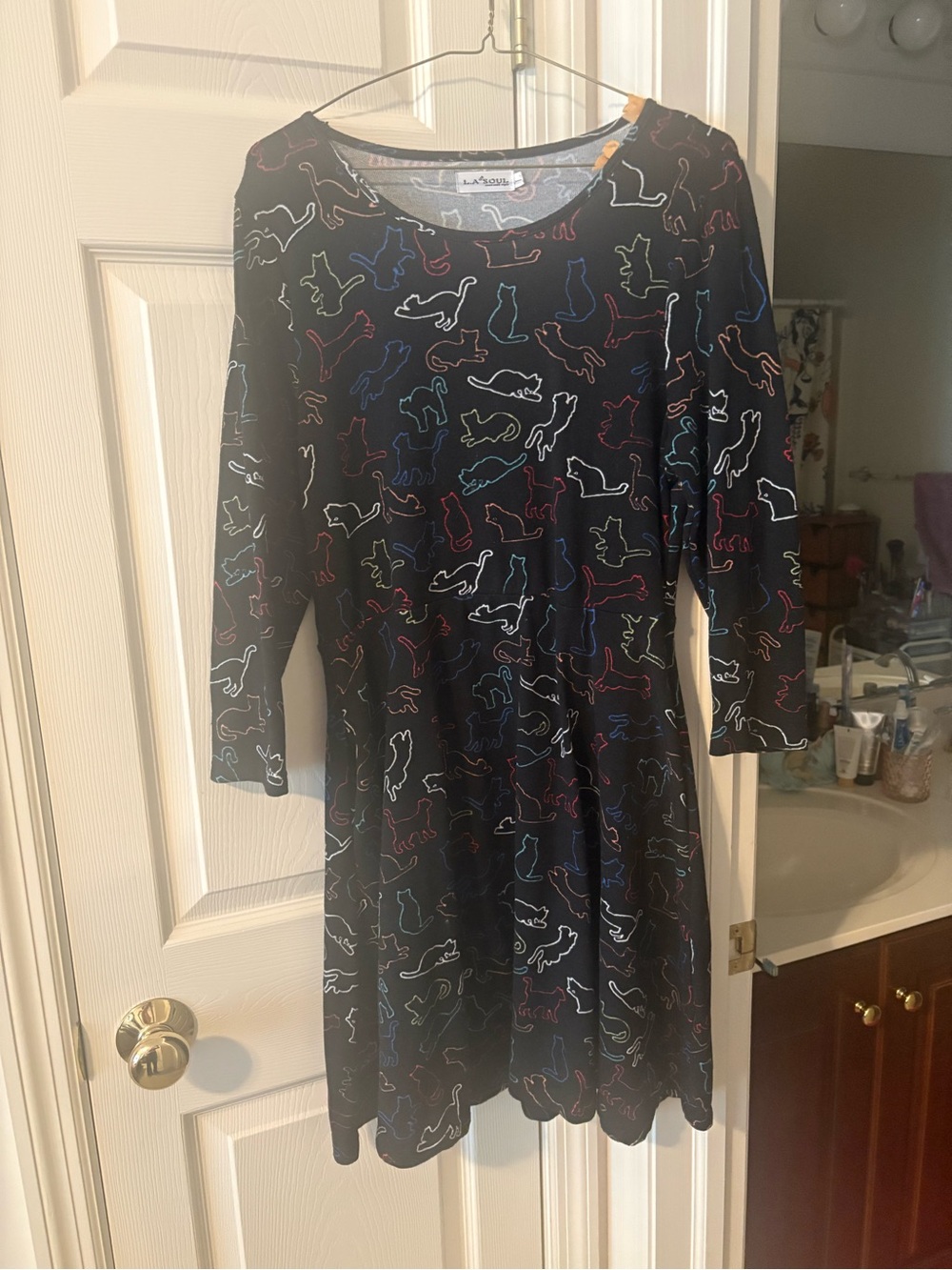 Black Cat-Outline Fit & Flare Midi Dress